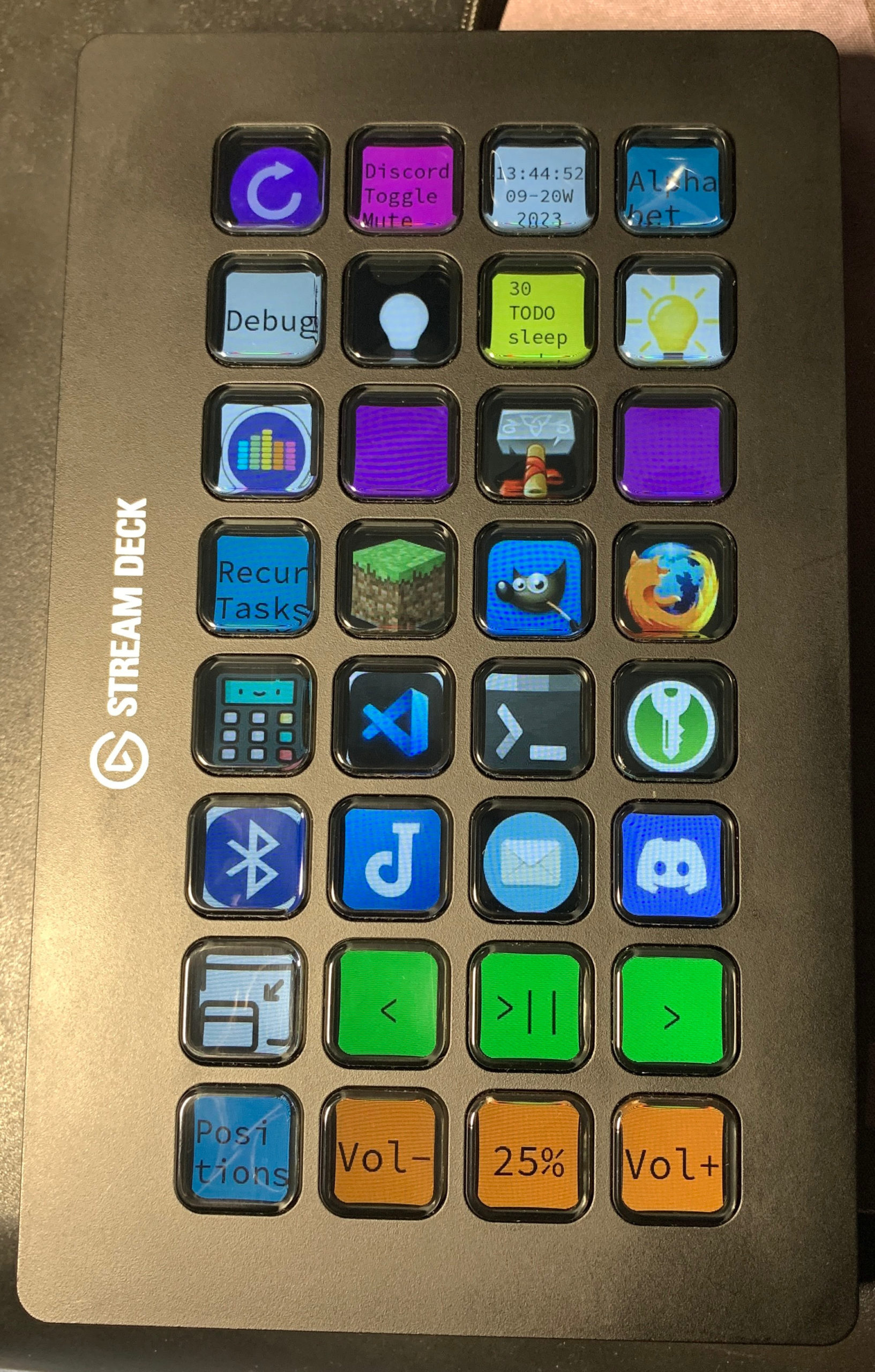 Stream Deck flipped 90 degrees clockwise showing the main page buttons