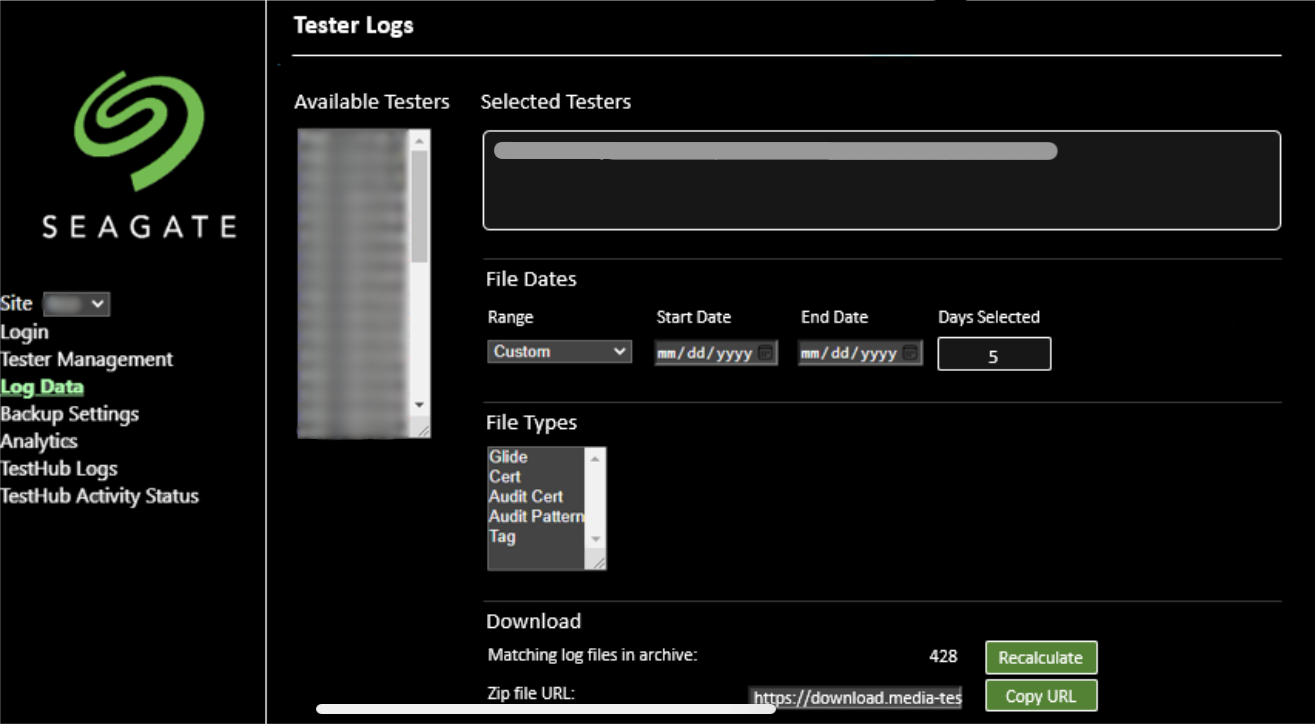 the testhub website interface that is currently showing a "Tester Logs" page, with additional functionality pages available on the left side navigation bar